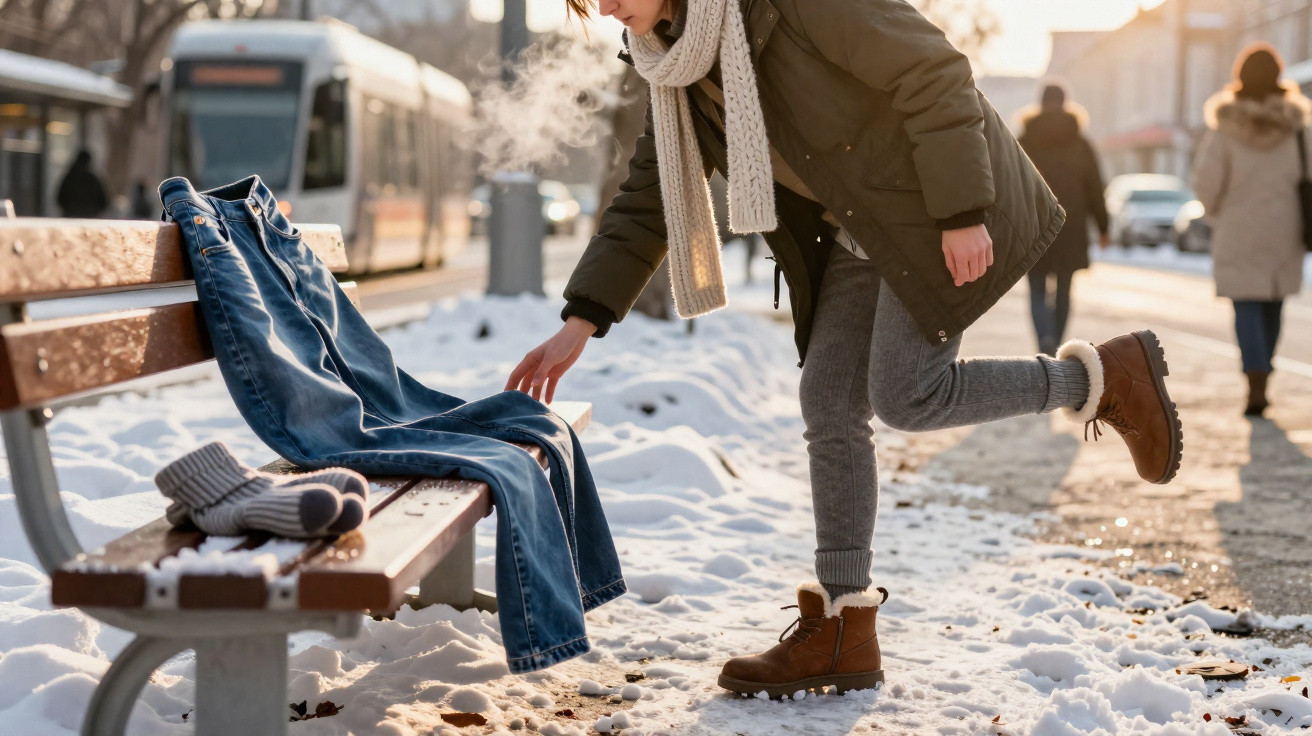 Pessoa agachada a apanhar umas calças jeans num banco de madeira, com neve no chão e autocarro ao fundo.