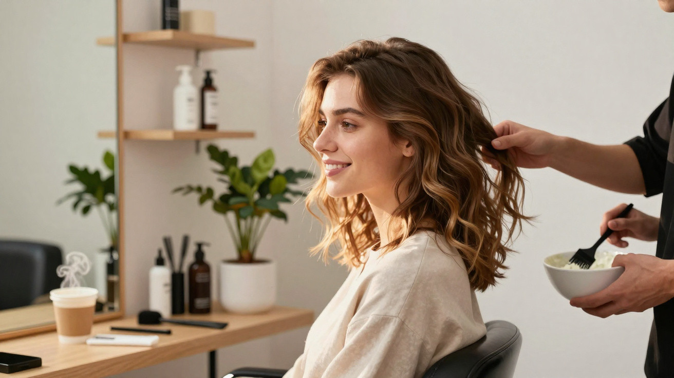 Mulher sorridente sentada à cadeira num salão de cabeleireiro, recebe cuidados no cabelo.