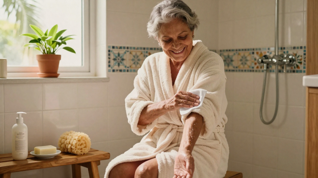 Mulher idosa com roupão branco sentada no banheiro a aplicar creme nos braços, sorrindo.