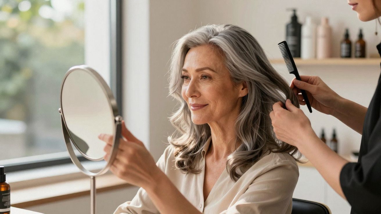 Mulher com cabelo grisalho é penteada enquanto se olha satisfeita ao espelho num salão de beleza.