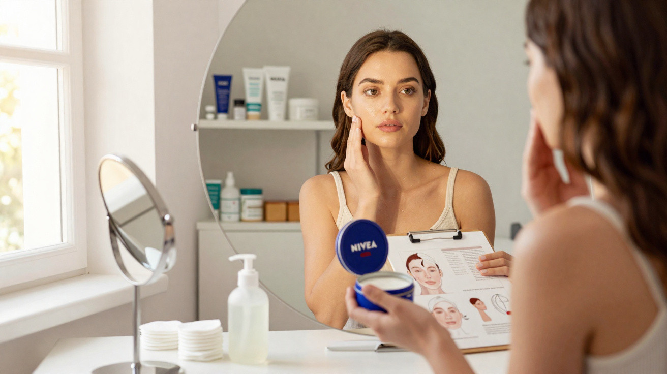 Mulher a aplicar creme facial Nivea enquanto consulta instruções num espelho de casa de banho iluminada natural.