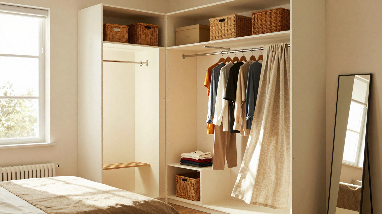 Quarto com roupeiro aberto, roupas penduradas, cestos de arrumação e espelho encostado à parede.
