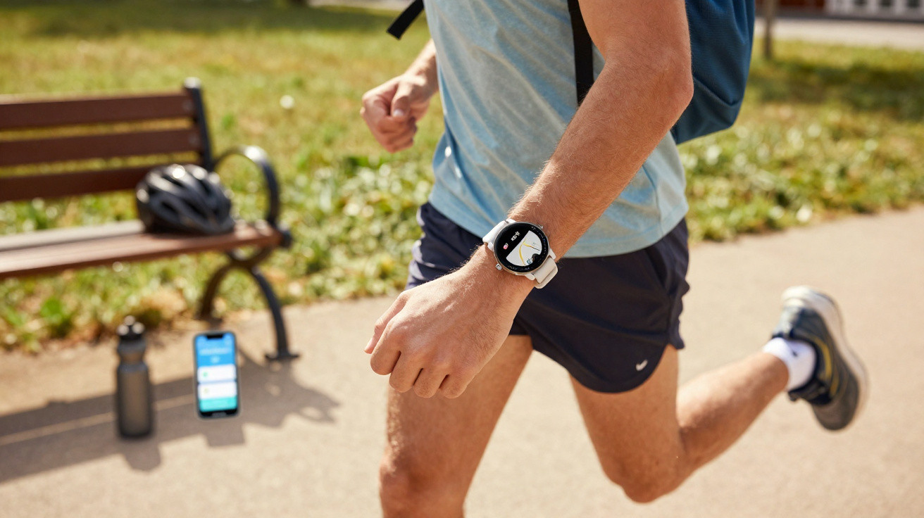 Pessoa a correr num parque com relógio inteligente, garrafa, capacete e telemóvel junto a um banco.