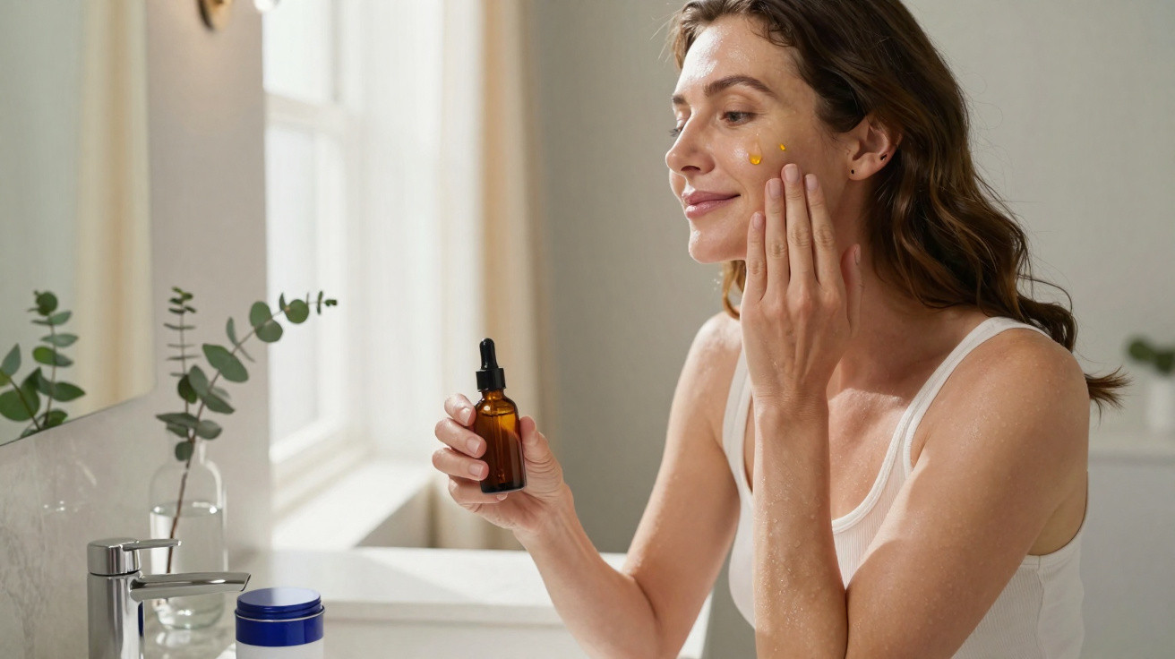 Mulher com cabelo castanho aplica sérum facial amarelo no rosto numa casa de banho luminosa.