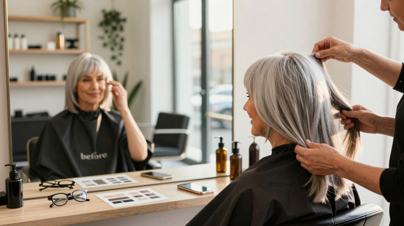 Mulher idosa com cabelo grisalho sentada num salão, a ser penteada por um cabeleireiro, olhando ao espelho.