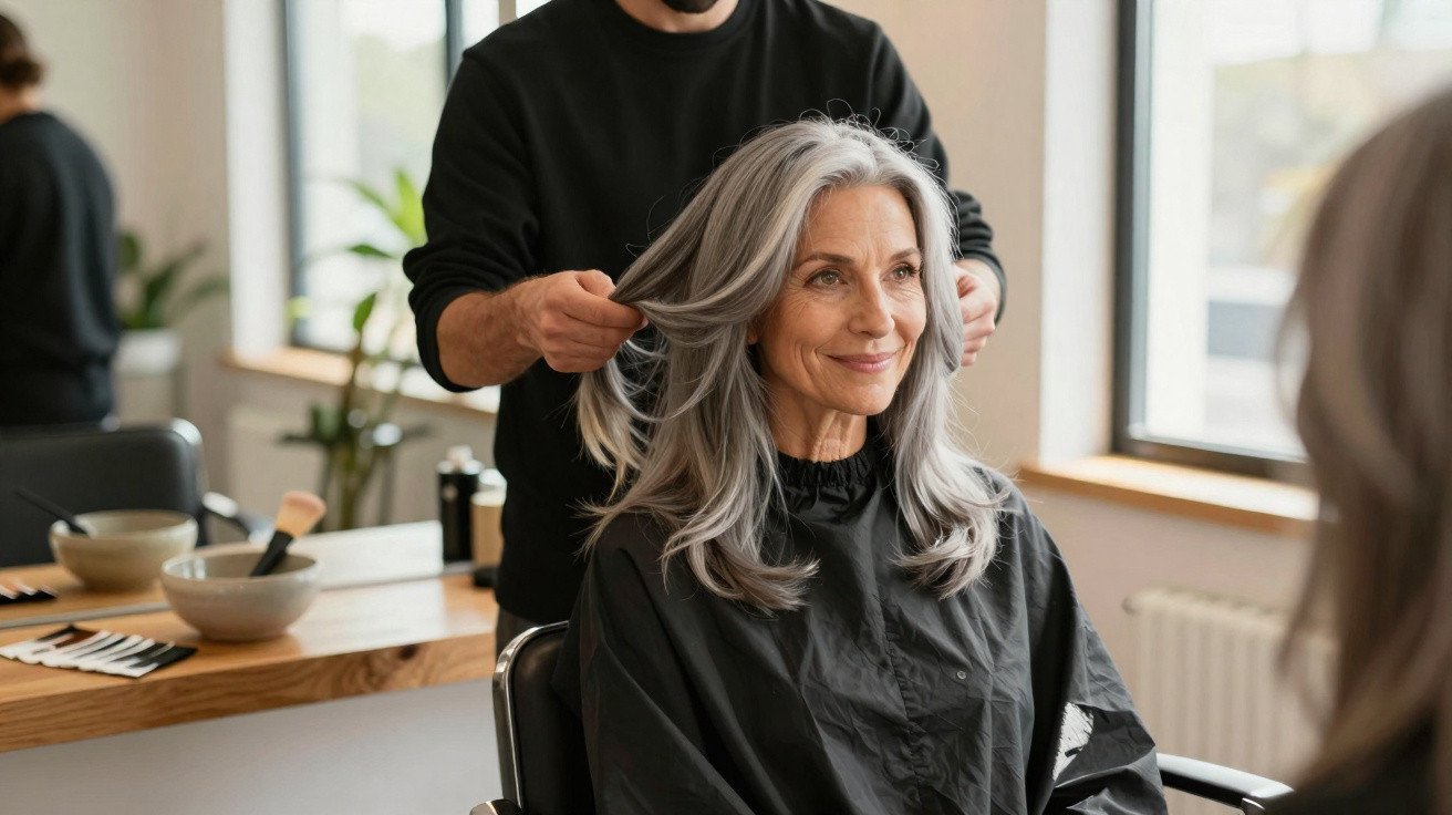 Mulher idosa com cabelo grisalho a ser penteada por cabeleireiro num salão de beleza.