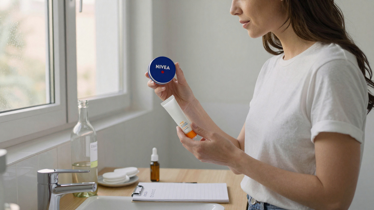 Mulher em casa a segurar creme Nivea e tubo de produto cosmético junto à janela da casa de banho.