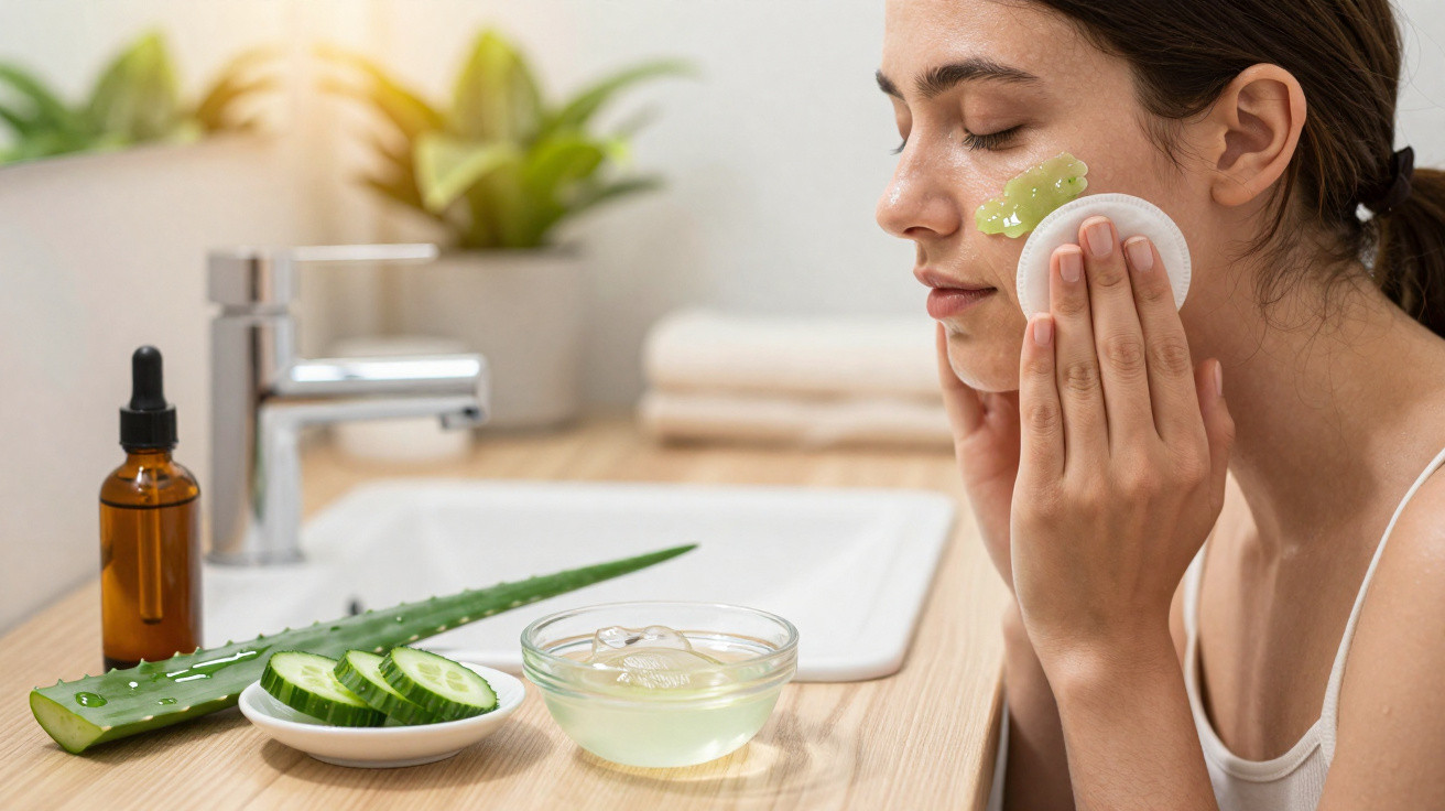 Mulher a aplicar máscara facial verde com algodão num ambiente de casa de banho com produtos naturais.