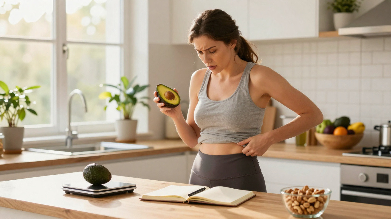 Mulher com roupa de desporto a medir gordura abdominal enquanto segura um meio abacate na cozinha.