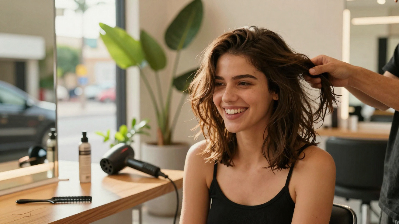 Mulher sorridente sentada num cabeleireiro enquanto profissional lhe arruma o cabelo.