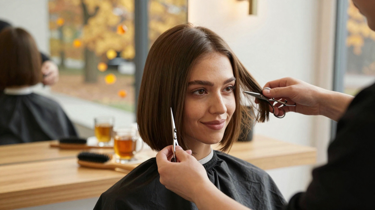 Mulher sorridente a cortar o cabelo curto num salão de cabeleireiro com fundo de janela e espelho.