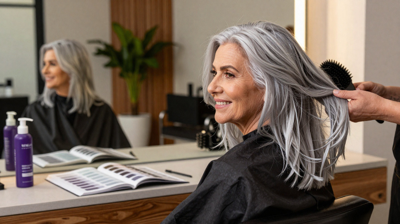Mulher sorridente com cabelo grisalho a ser penteada num salão de beleza, refletida no espelho.