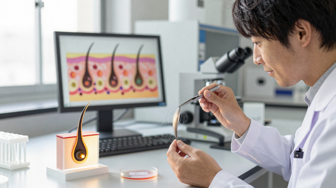 Cientista analisa fios de cabelo com pinça em laboratório, com modelo e gráfico da estrutura do cabelo ao fundo.