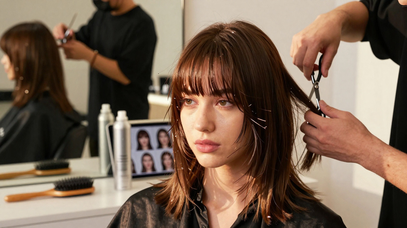 Mulher com capa preta a cortar o cabelo castanho médio num salão de beleza.