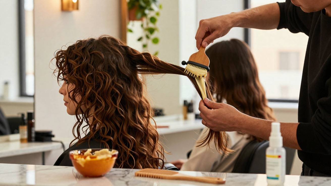 Cabeleireiro a aplicar tratamento capilar numa mulher com cabelo ondulado num salão moderno e iluminado.