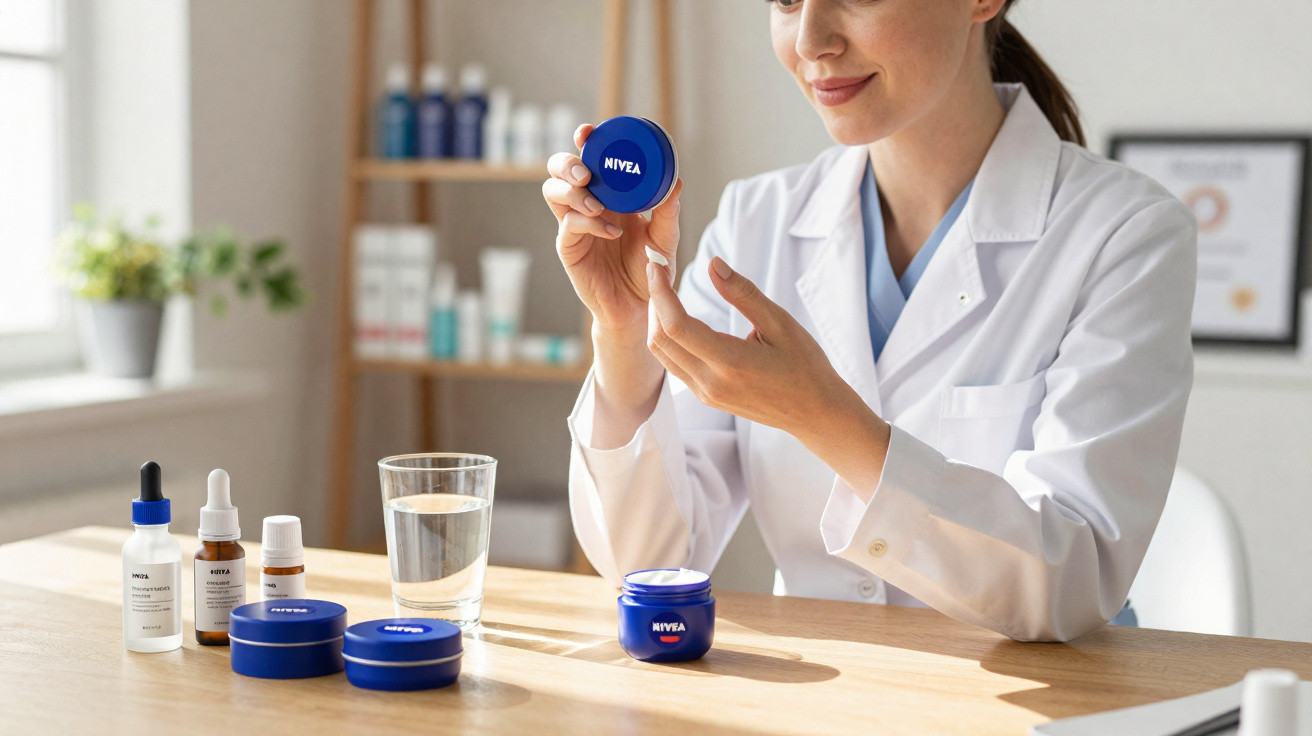 Mulher com bata branca a aplicar creme Nivea no dedo, sentada à mesa com vários frascos de cosméticos.