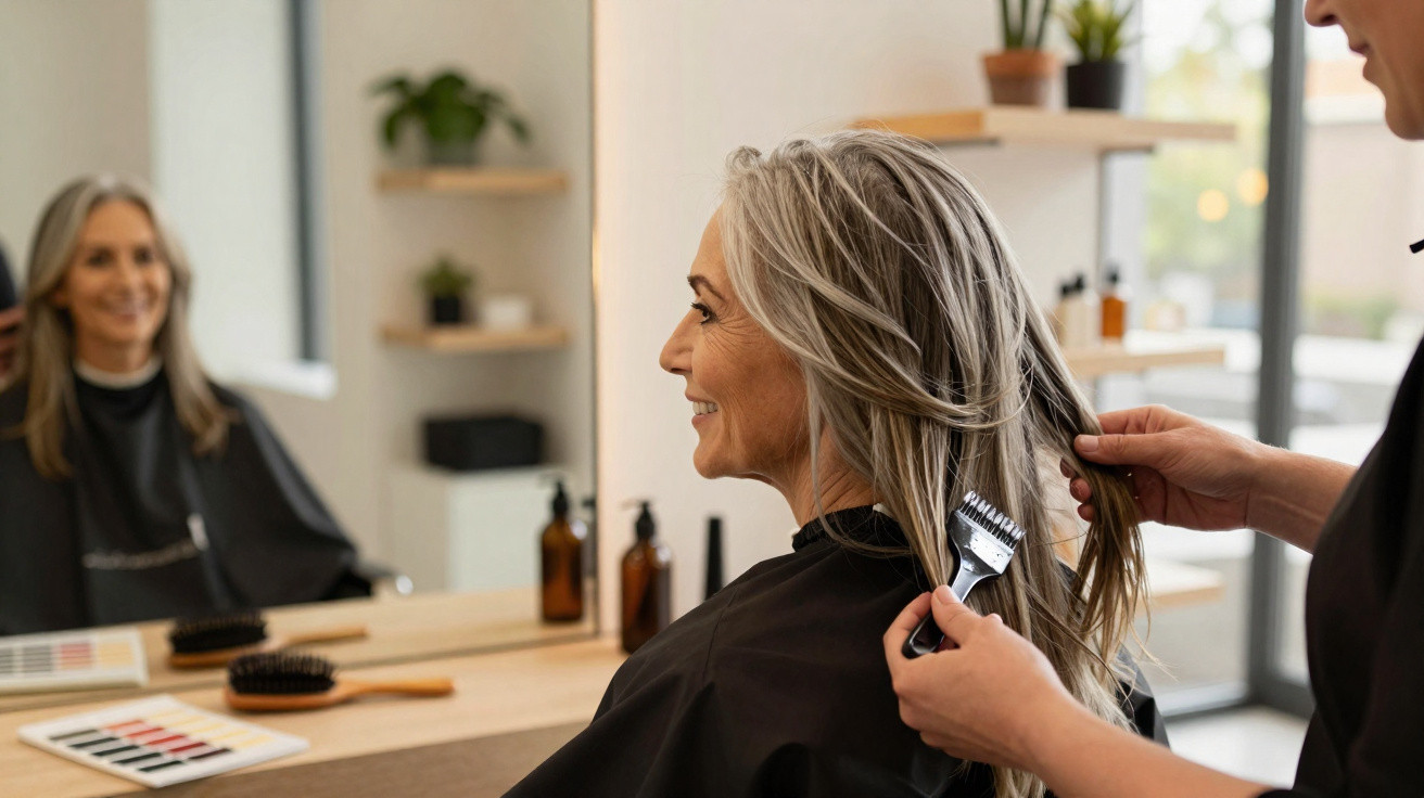 Mulher sorridente no cabeleireiro a preparar o cabelo com pente para coloração.