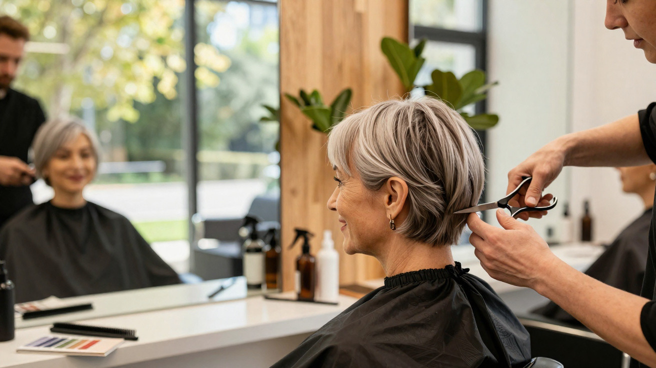 Mulher de cabelo curto a ser penteada por cabeleireiro num salão moderno com espelho e plantas.