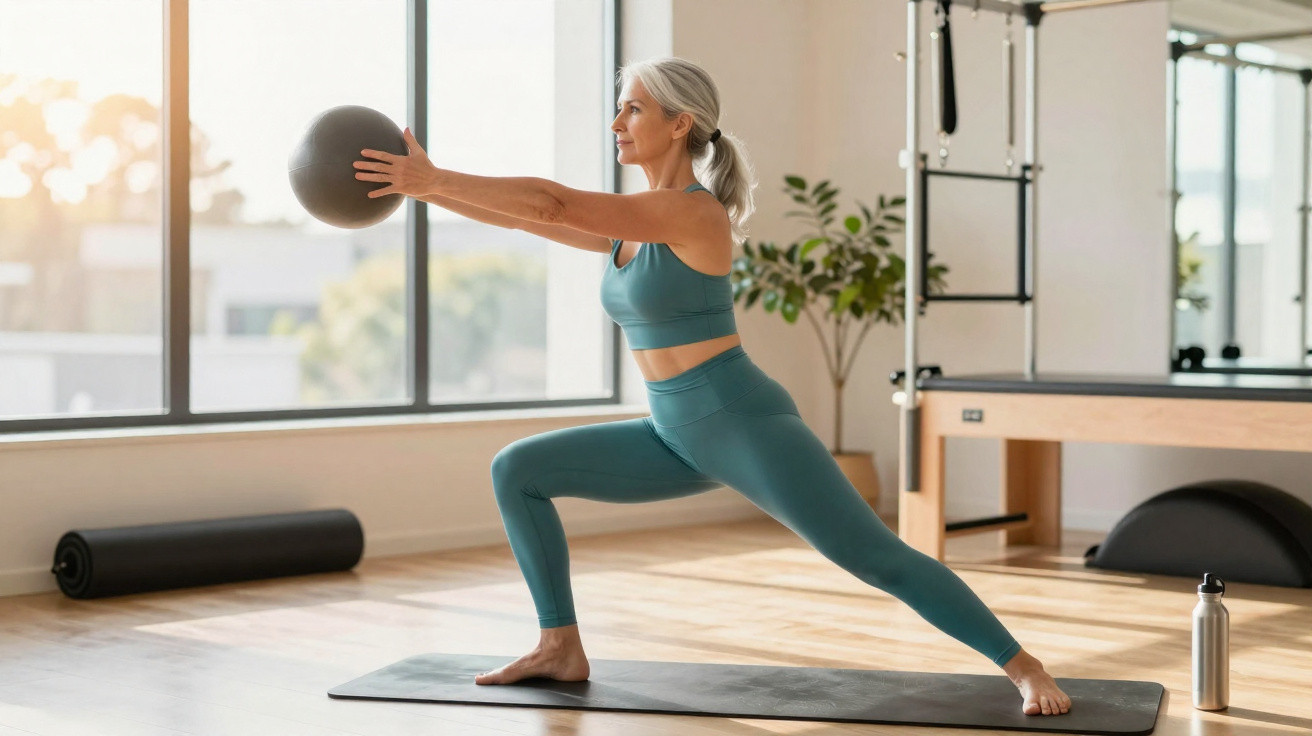 Mulher de cabelos grisalhos faz exercício com bola de pilates num estúdio luminoso, vestindo roupa desportiva azul.