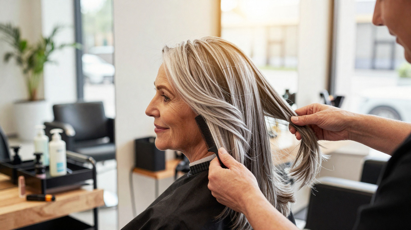 Mulher de cabelo grisalho a ser penteada por cabeleireiro num salão de beleza moderno.