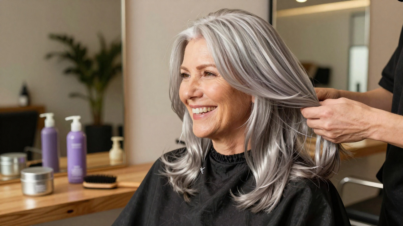 Mulher idosa sorridente a receber tratamento de cabelo num salão de beleza.