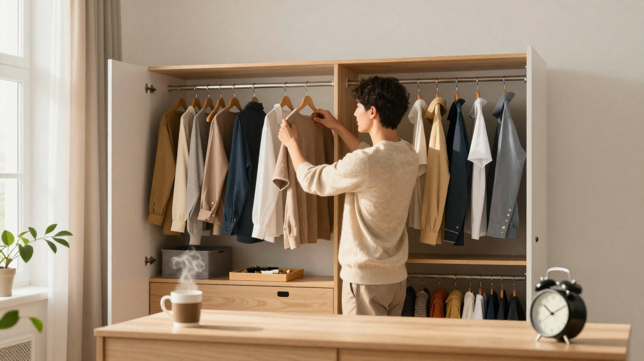 Pessoa a escolher roupa num armário com várias peças penduradas, em ambiente claro e acolhedor.