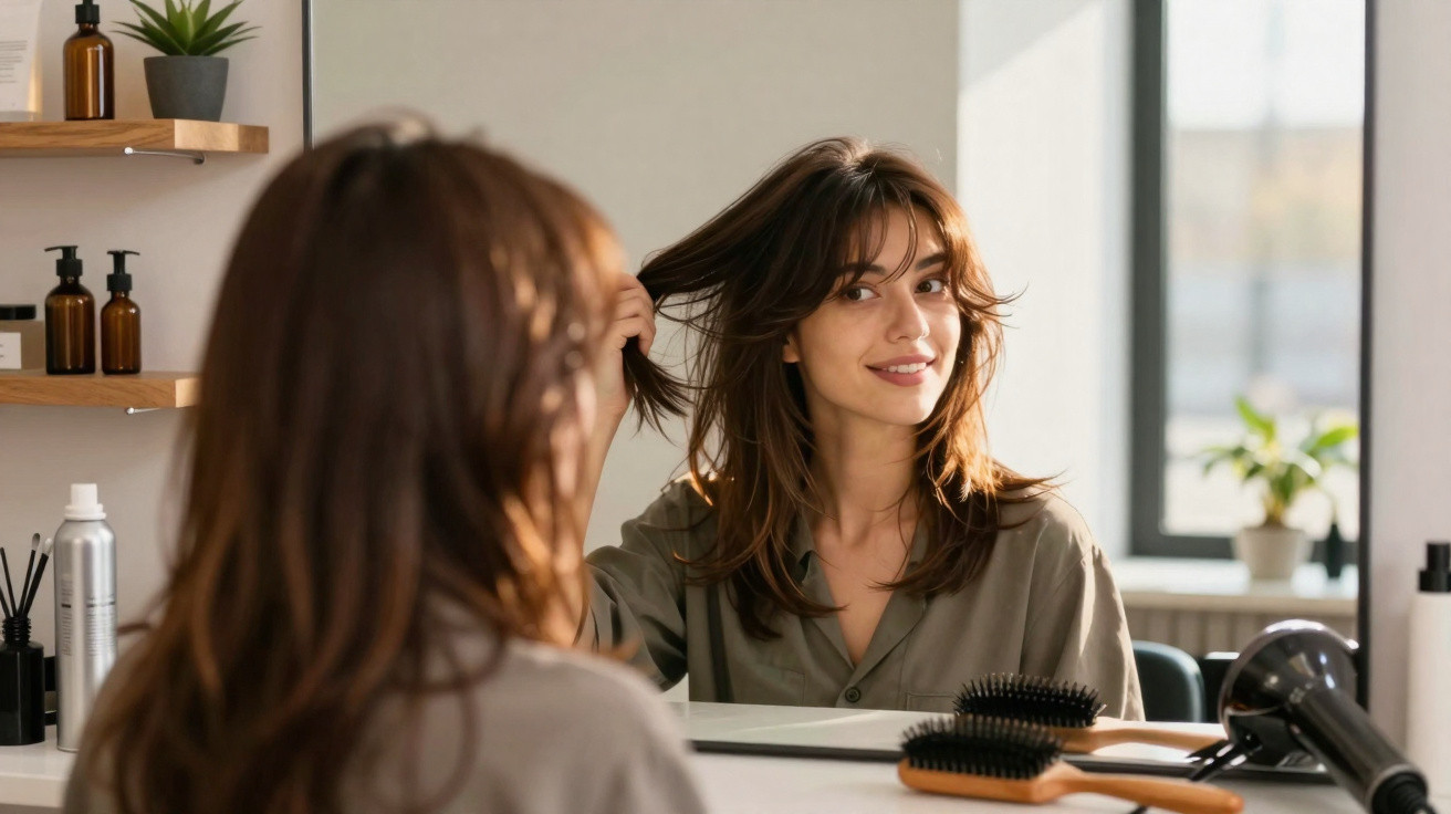 Mulher jovem a olhar para o espelho enquanto penteia o cabelo num ambiente luminoso e moderno.