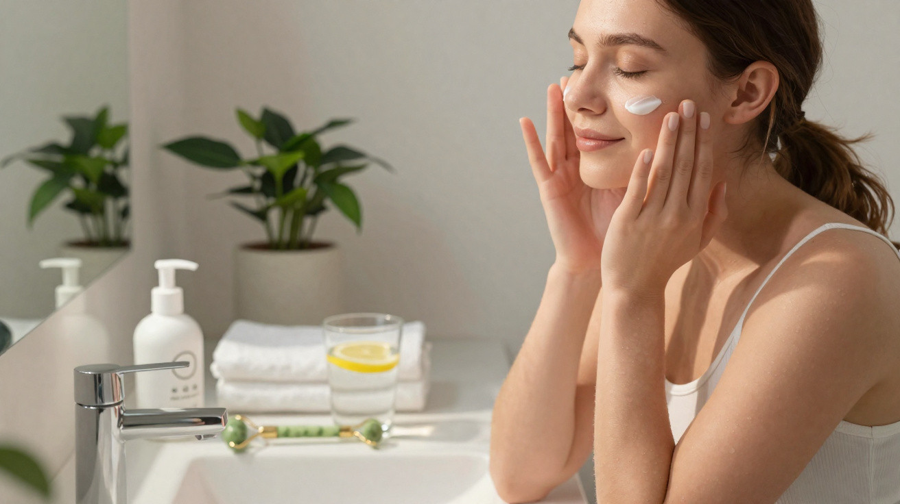 Mulher aplica creme facial num lavabo com toalhas, planta e um copo de água com limão ao fundo.