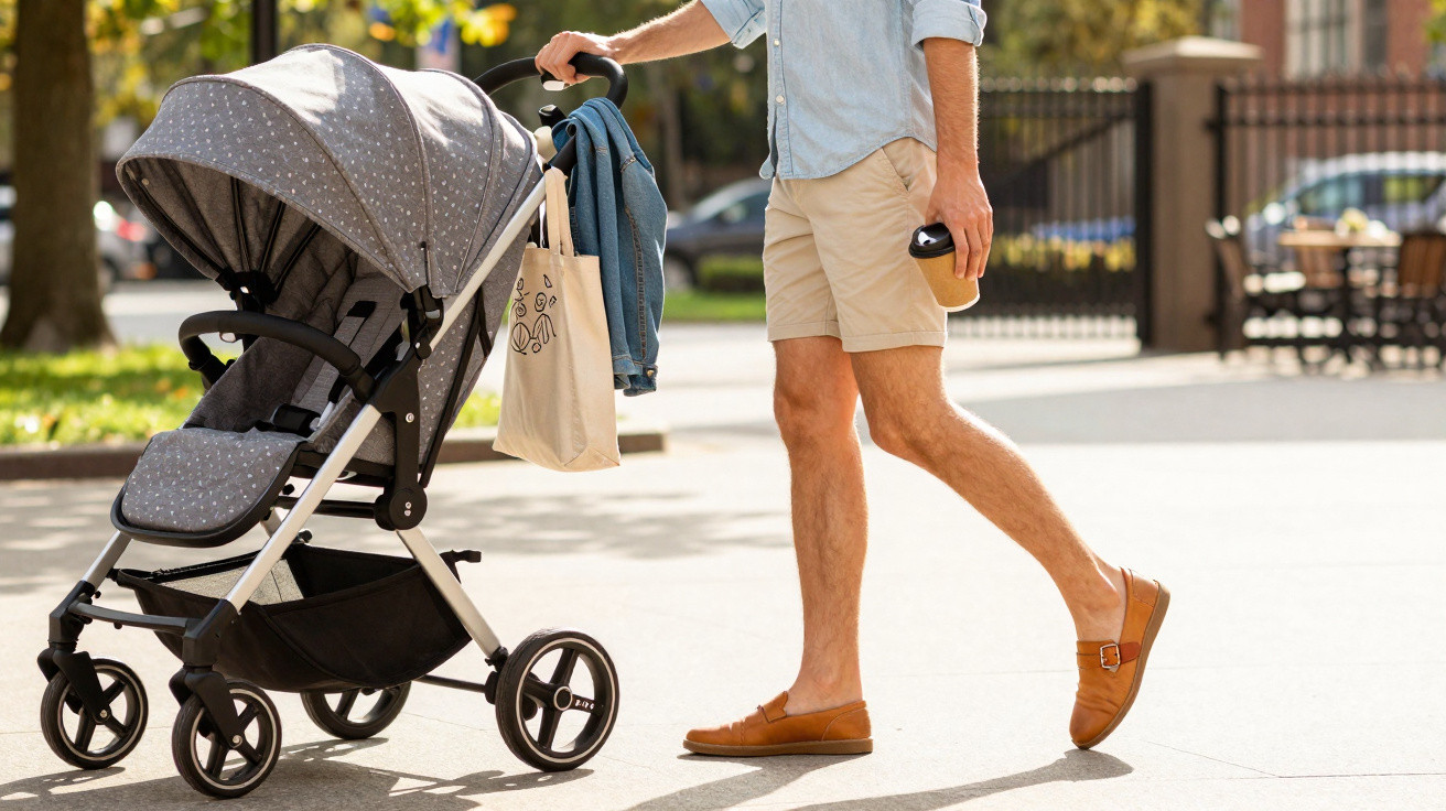 Homem a caminhar com carrinho de bebé cinzento num passeio ensolarado, segurando um café para levar.
