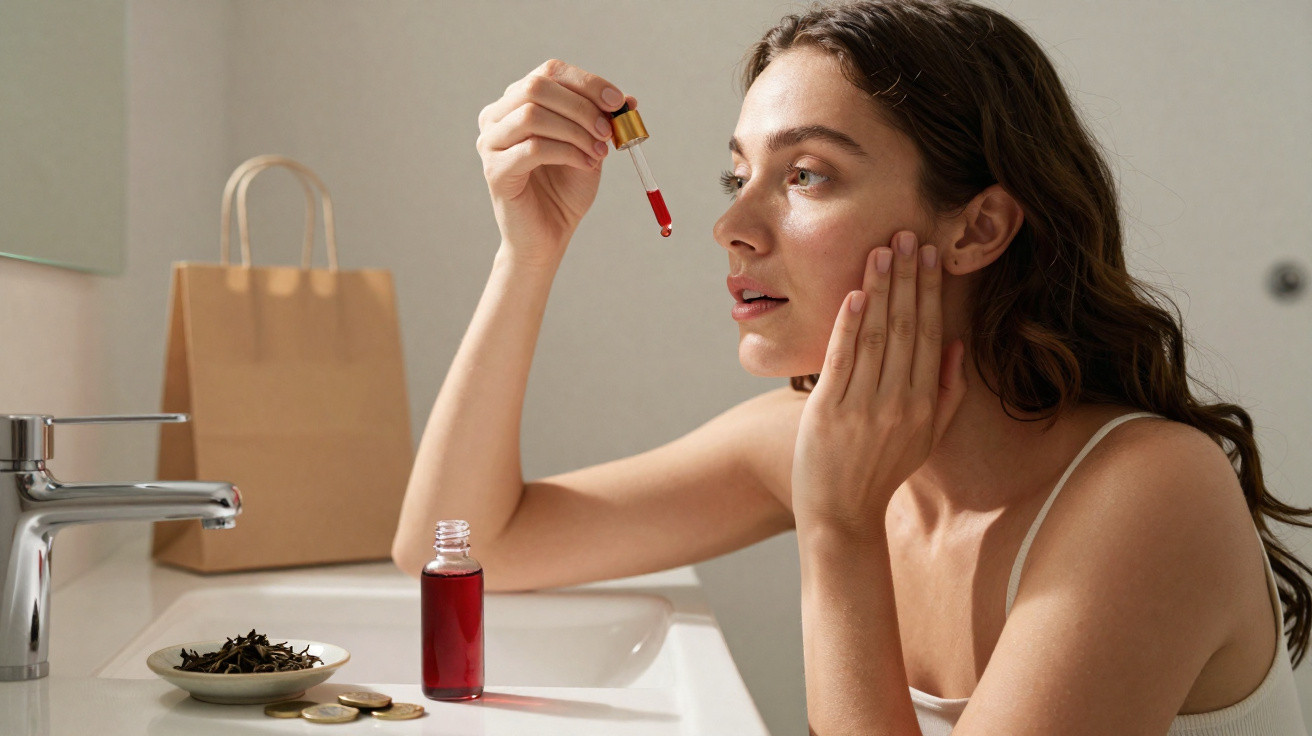 Mulher aplica sérum facial vermelho na pele junto a pia de casa de banho com iluminação natural.
