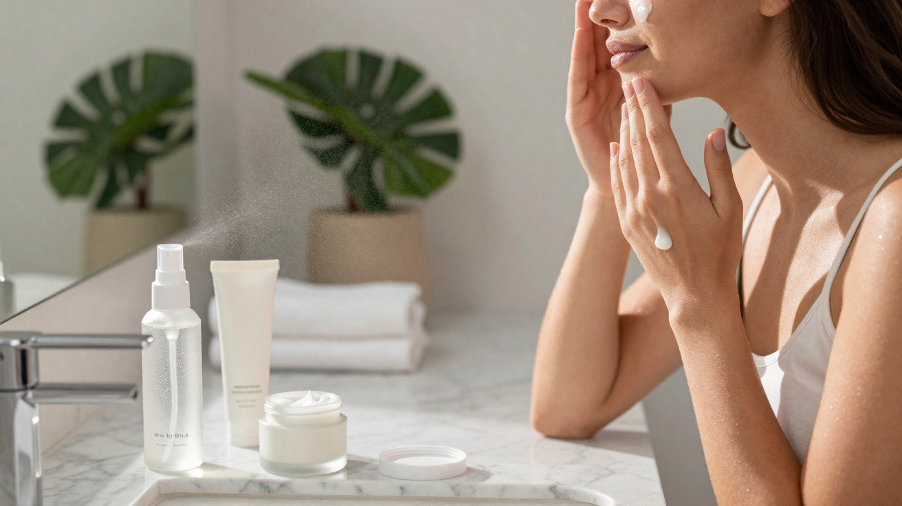 Mulher aplica creme facial num ambiente de casa de banho com produtos de cuidados de pele na bancada.