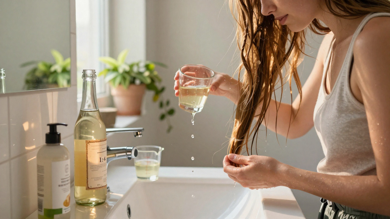 Mulher a aplicar vinagre no cabelo molhado junto a lavatório com plantas e frascos ao lado.