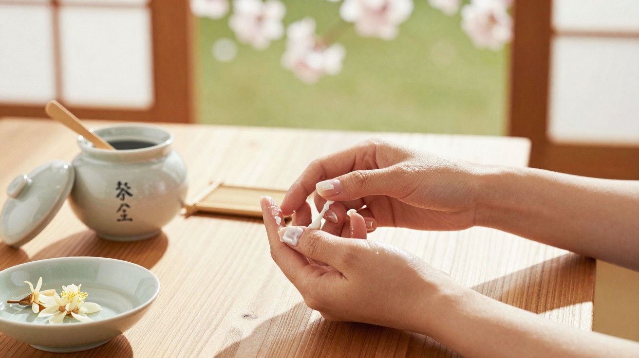 Mãos femininas a aplicar creme com recipiente e flores brancas numa mesa de madeira clara.