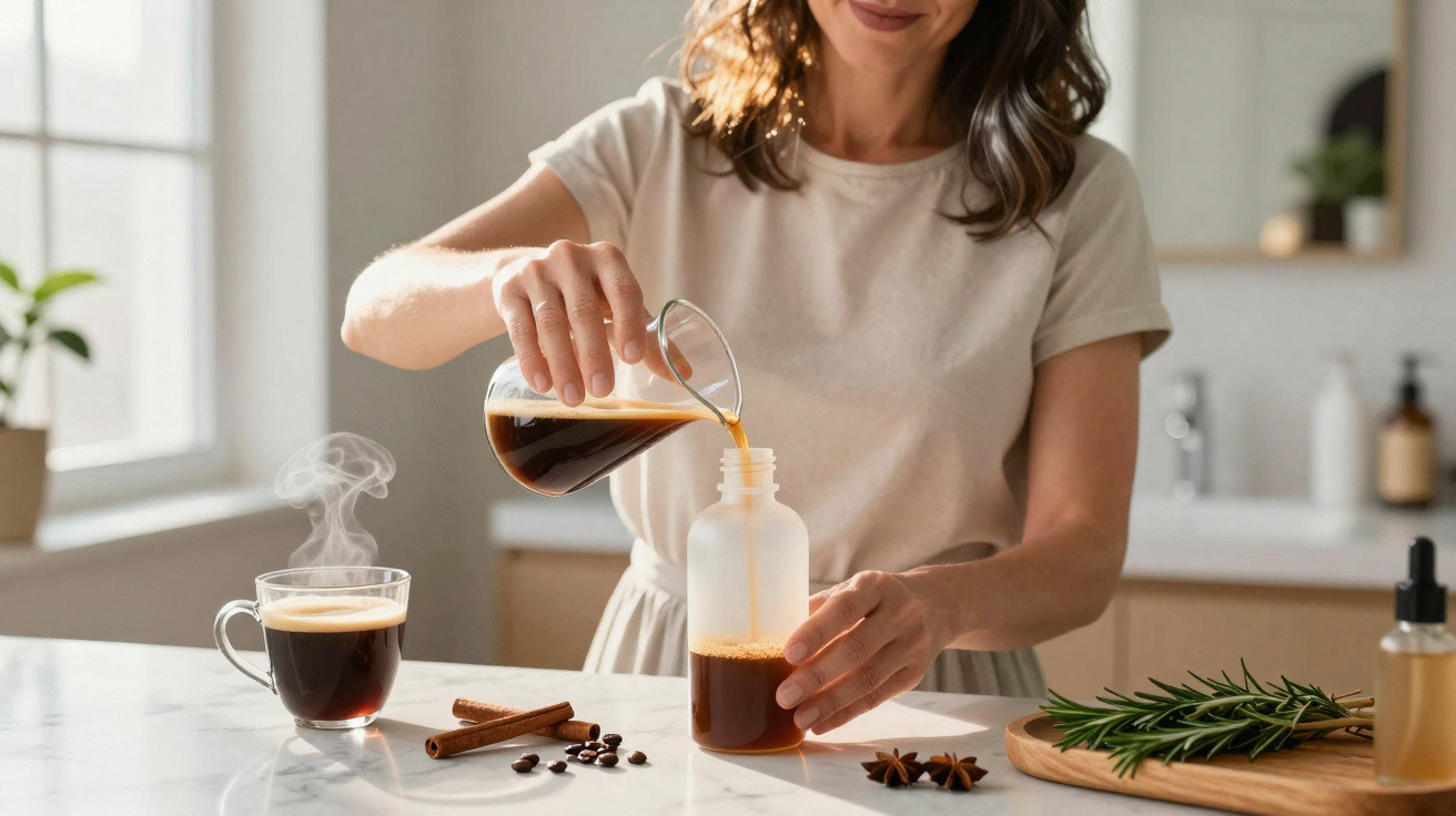 Mulher a verter café quente para frasco de vidro na cozinha com especiarias e ervas numa tábua.
