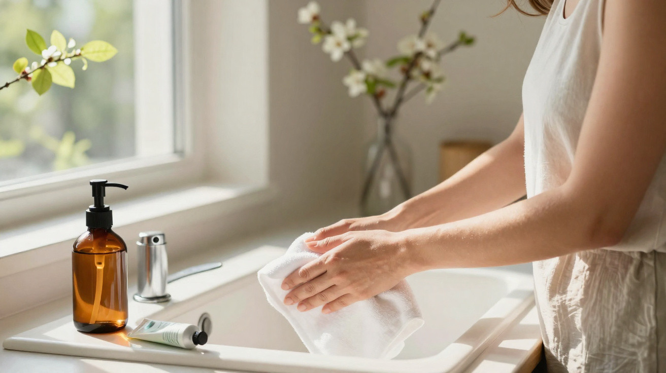 Pessoa a secar as mãos com uma toalha branca perto de uma janela com luz natural suave.