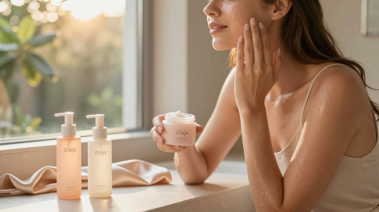 Mulher aplica creme hidratante no rosto junto a frascos de produtos de pele na janela.