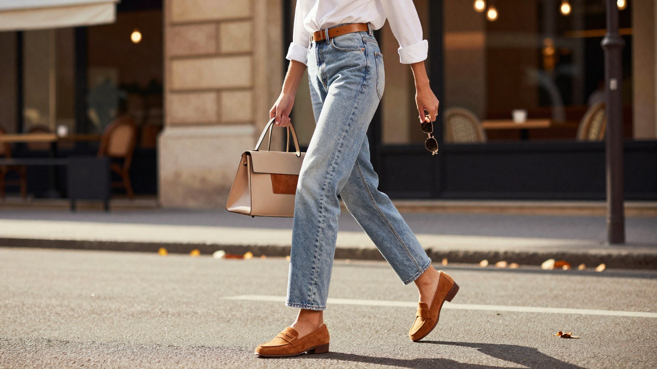 Pessoa a caminhar na rua com camisa branca, jeans, mocassins castanhos, a segurar bolsa bege e óculos de sol.