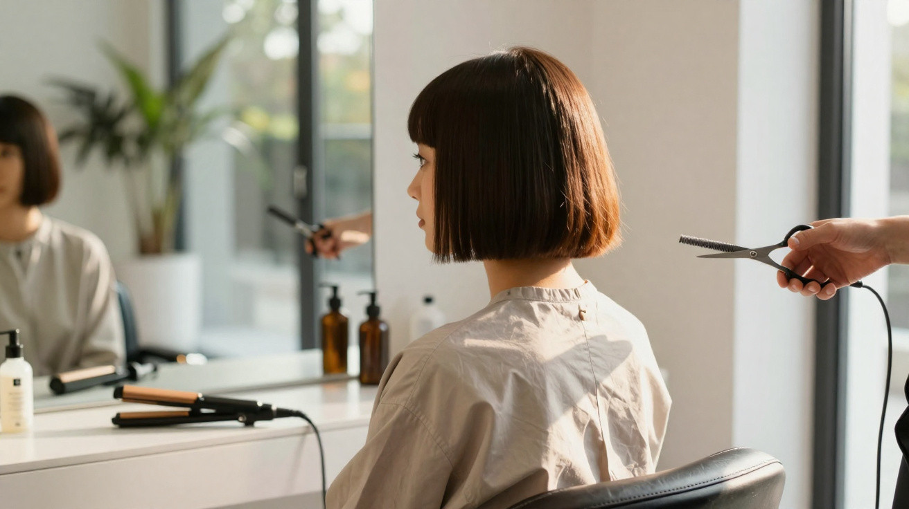 Mulher com cabelo curto castanho sentada em cadeira de cabeleireiro com tesoura pronta para cortar.