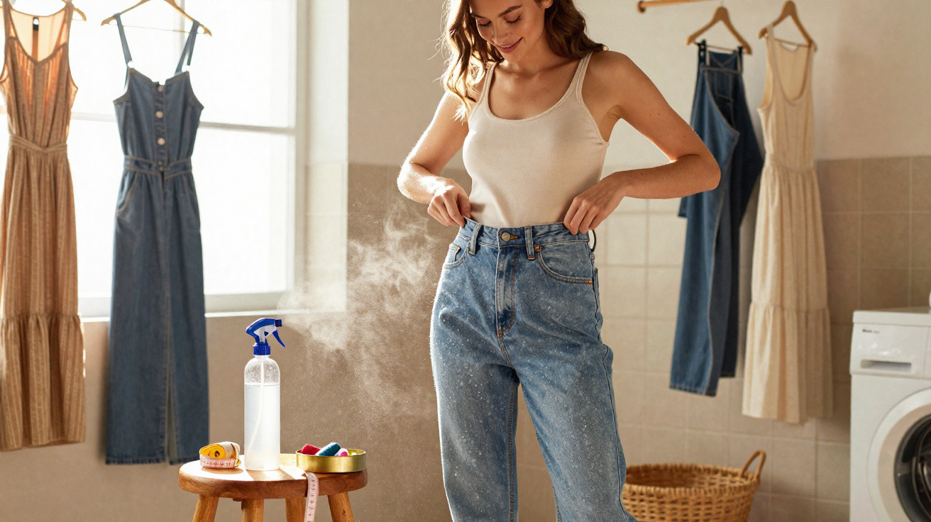 Mulher veste jeans e regata, com roupas penduradas e produtos de limpeza num tabuleiro numa divisão iluminada.