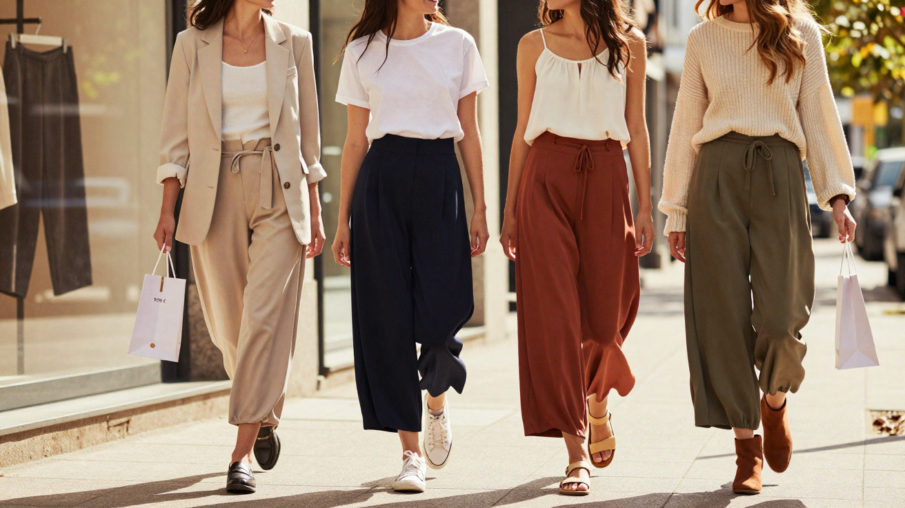 Quatro mulheres a caminhar na rua, vestindo calças largas e camisolas ou blazers casuais.