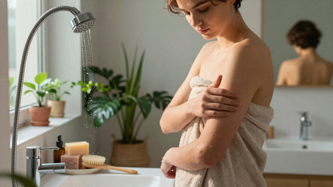 Pessoa com toalha a aplicar creme hidratante no braço numa casa de banho com plantas e duche ligado.