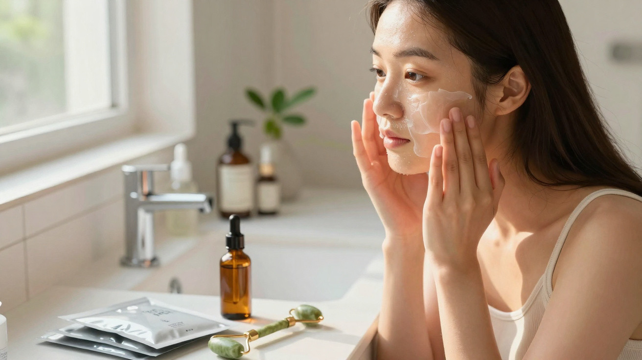 Mulher a aplicar máscara facial numa casa de banho com produtos de skincare à frente na bancada.