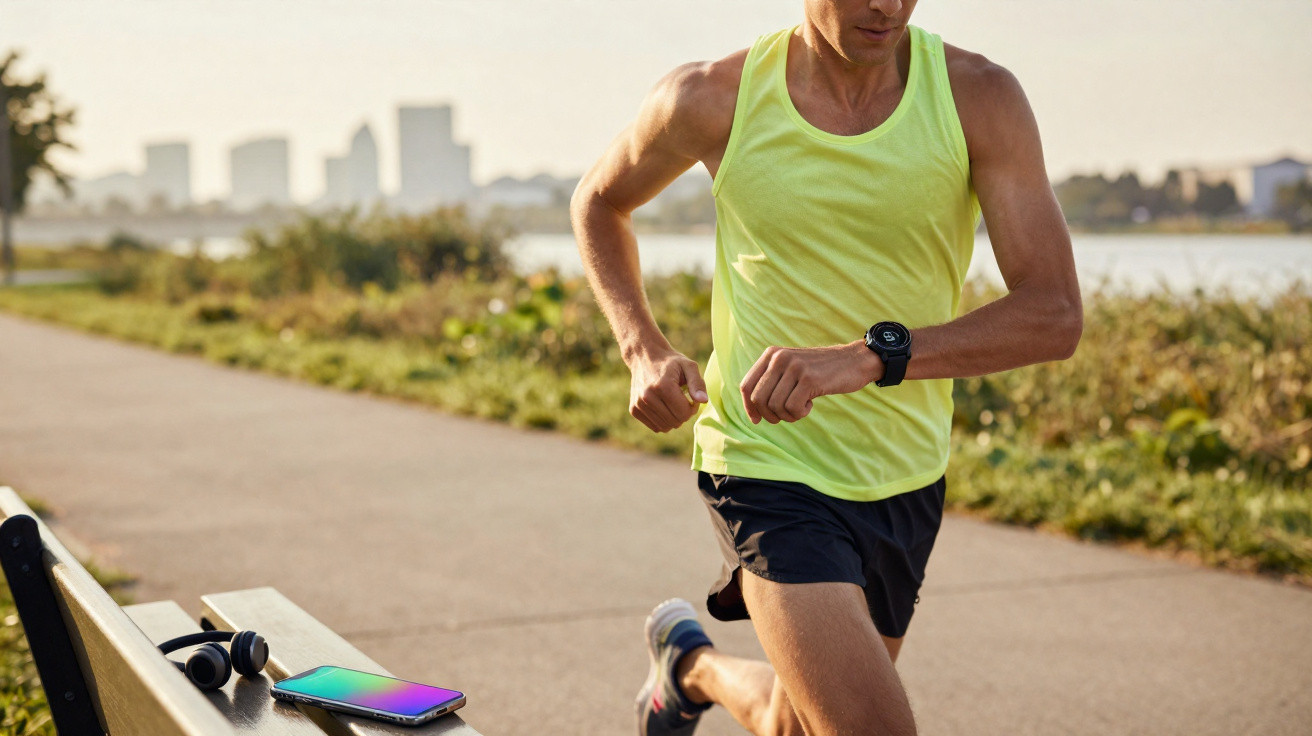 Homem a correr num parque junto à água, com relógio desportivo no pulso e auriculares num banco próximo.