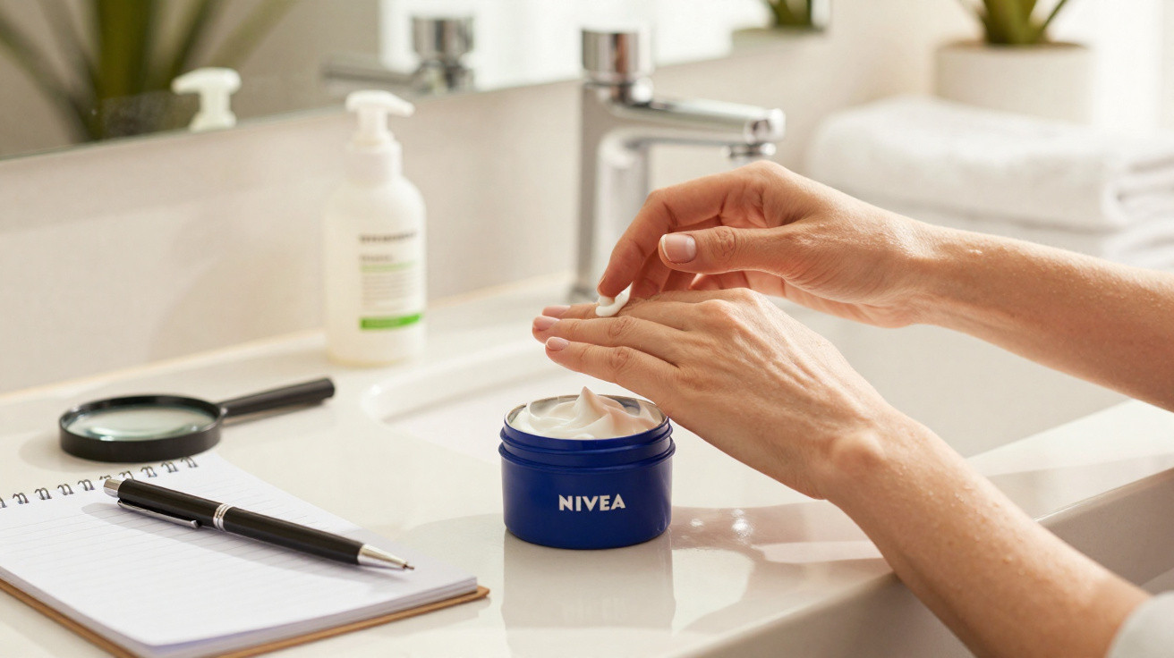 Pessoa a aplicar creme Nivea nas mãos numa bancada de casa de banho com bloco de notas e caneta.