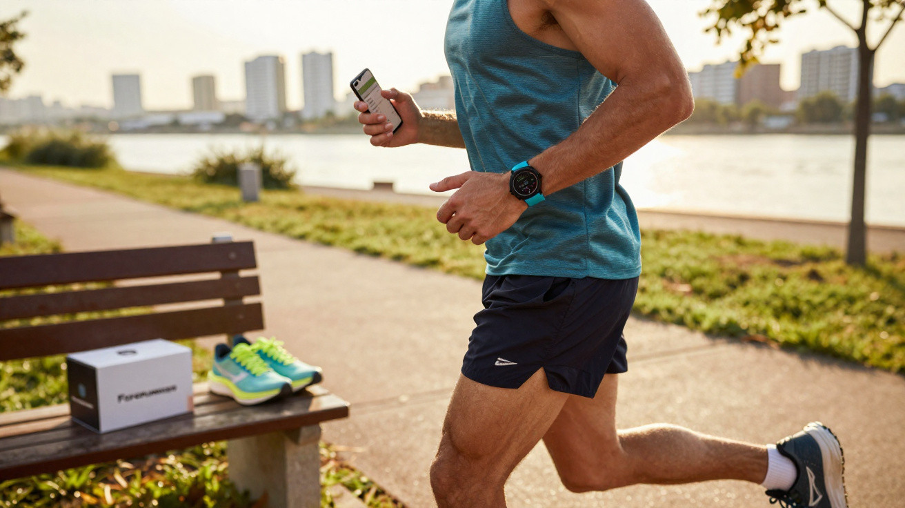 Homem a correr num parque junto a um rio, veste roupa desportiva e usa um relógio digital no pulso.