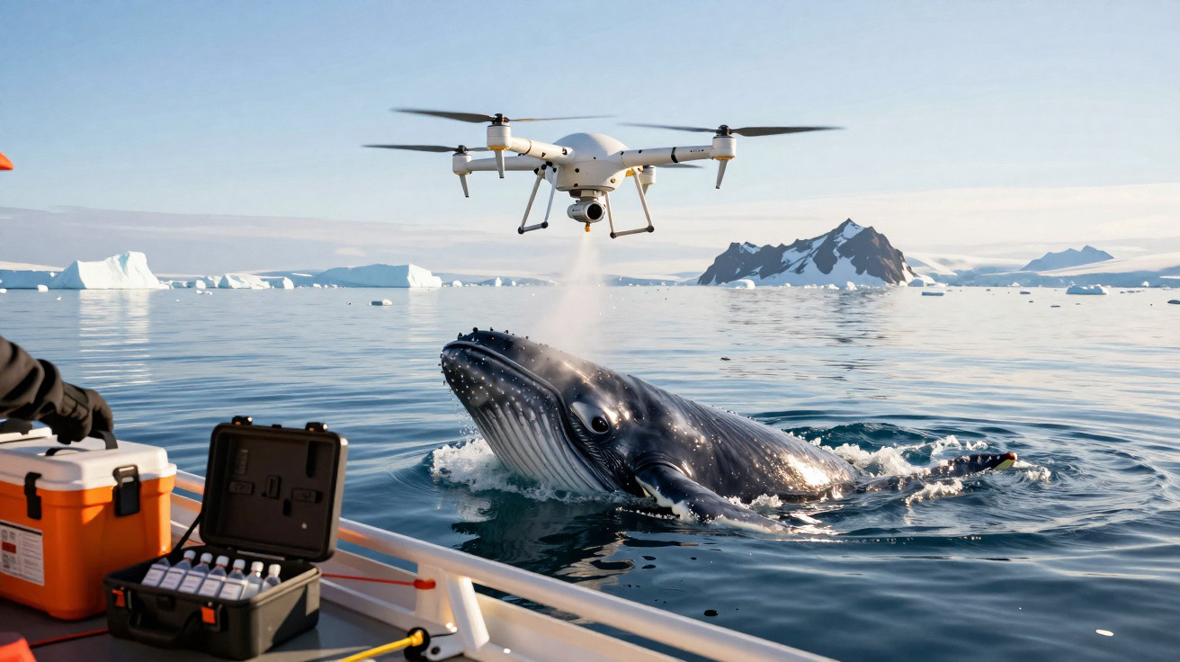 Drone sobrevoa uma baleia perto de um barco em águas frias com icebergs e montanhas ao fundo.