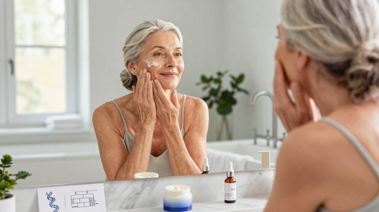 Mulher idosa a aplicar creme facial, refletida no espelho de uma casa de banho iluminada.