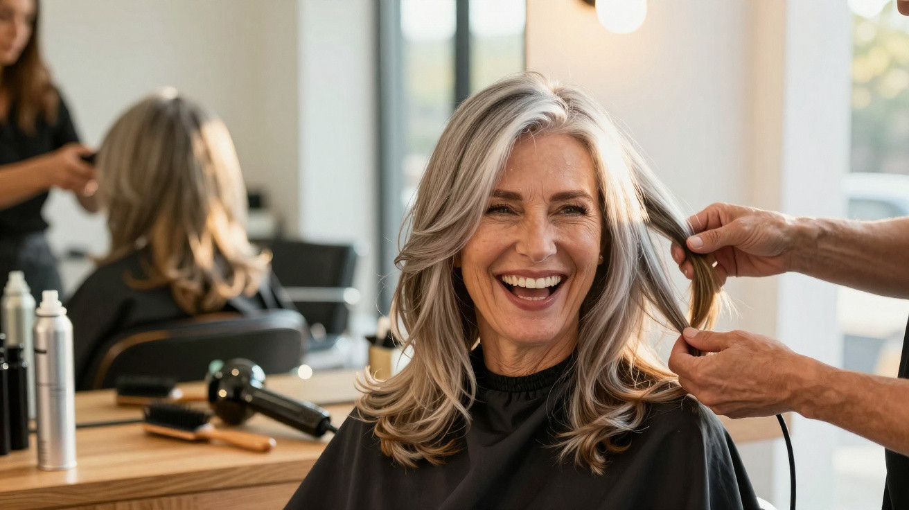 Mulher sorridente com cabelo longo grisalho a ser penteada num salão de cabeleireiro moderno.
