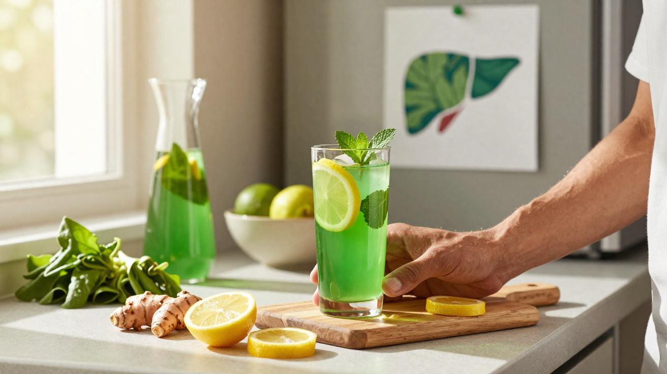 Pessoa a preparar bebida verde com limão, ervas frescas e gengibre numa cozinha iluminada.