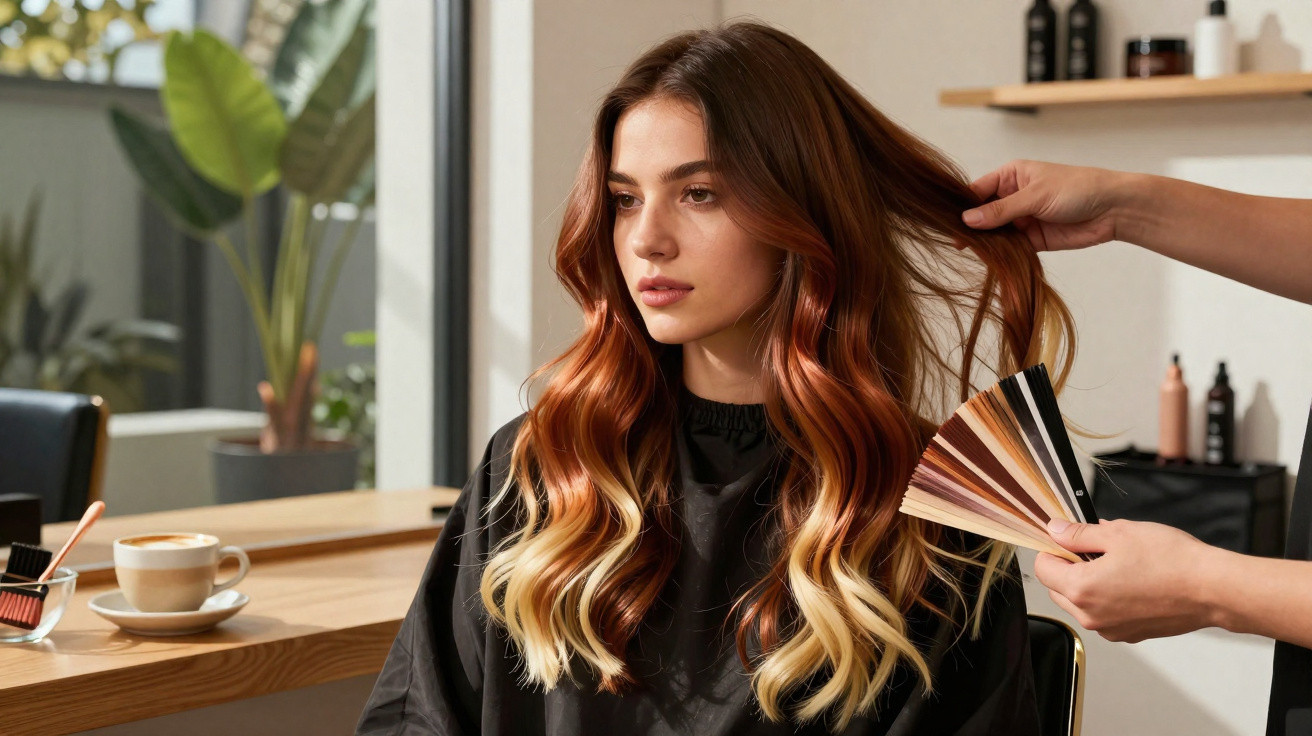 Mulher com cabelo longo ondulado em salão de beleza, mostrando amostras de cores de cabelo.